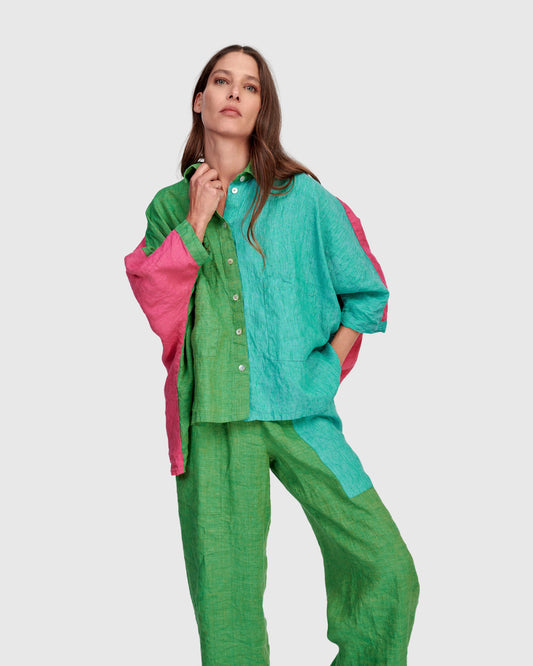 Alembika Colour‑Block Relaxed Fit Linen Shirt with Classic Collar