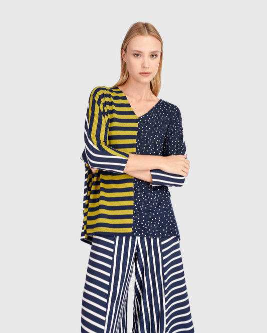 Alembika Navy/Green Mixed Stripe & Dot Print Loose Fit V‑Neck Top
