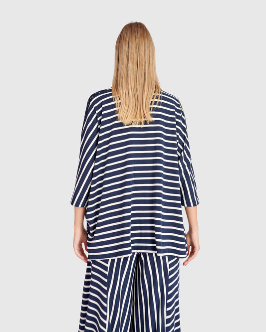 Alembika Navy/Green Mixed Stripe & Dot Print Loose Fit V‑Neck Top