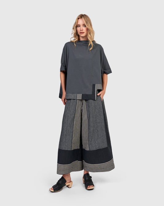 Alembika Black Striped Wide Leg Cropped Trousers with Elasticated Waist and Pockets
