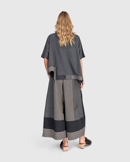 Alembika Black Striped Wide Leg Cropped Trousers with Elasticated Waist and Pockets