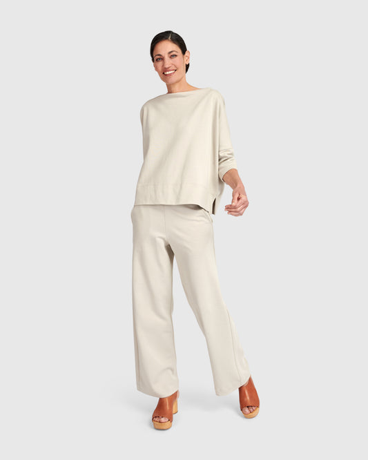 Alembika Cream Wide‑Leg Relaxed Jersey Trousers with Elasticated Waist