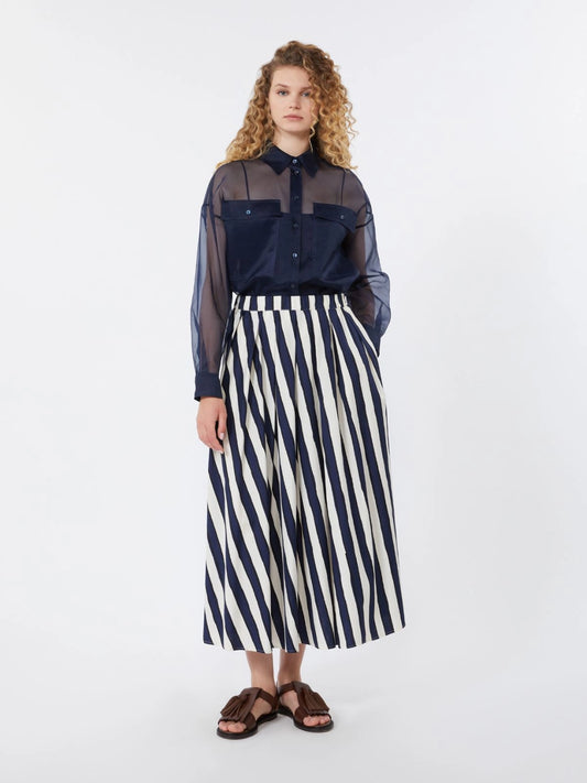 Max Mara Weekend Navy Printed Poplin Pleated Skirt