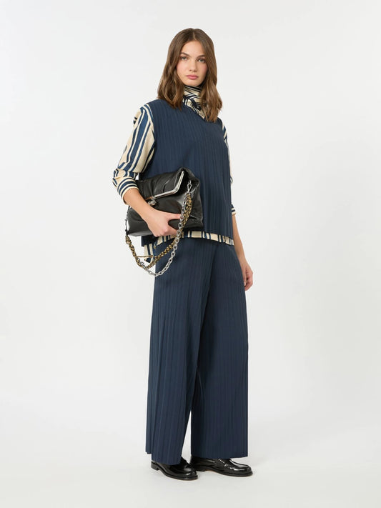 Max Mara Navy Plissé-Pleated Viscose Yarn Trousers