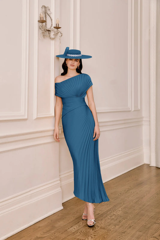 John Charles Teal Plissé Texture Satin Back Crepe Midi Dress