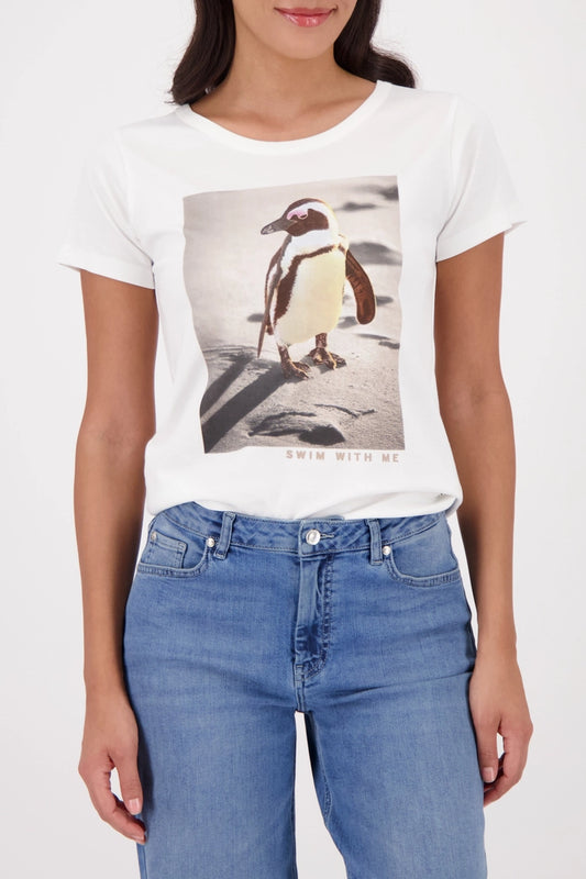 Monari Off-White Crew Neck T-Shirt with Penguin Print