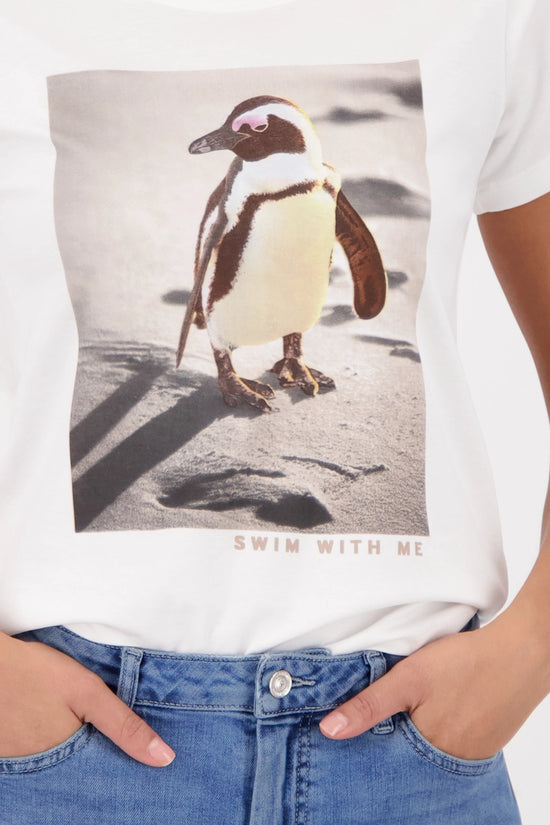 Monari Off-White Crew Neck T-Shirt with Penguin Print