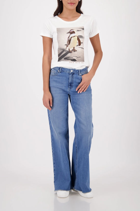 Monari Off-White Crew Neck T-Shirt with Penguin Print