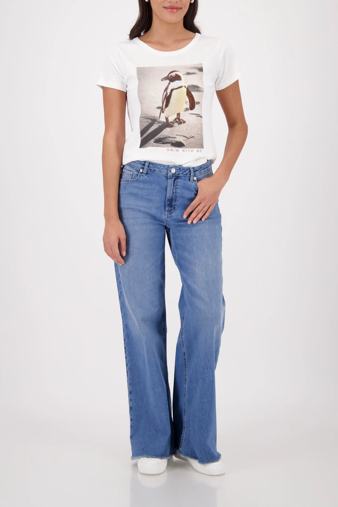 Monari Off-White Crew Neck T-Shirt with Penguin Print