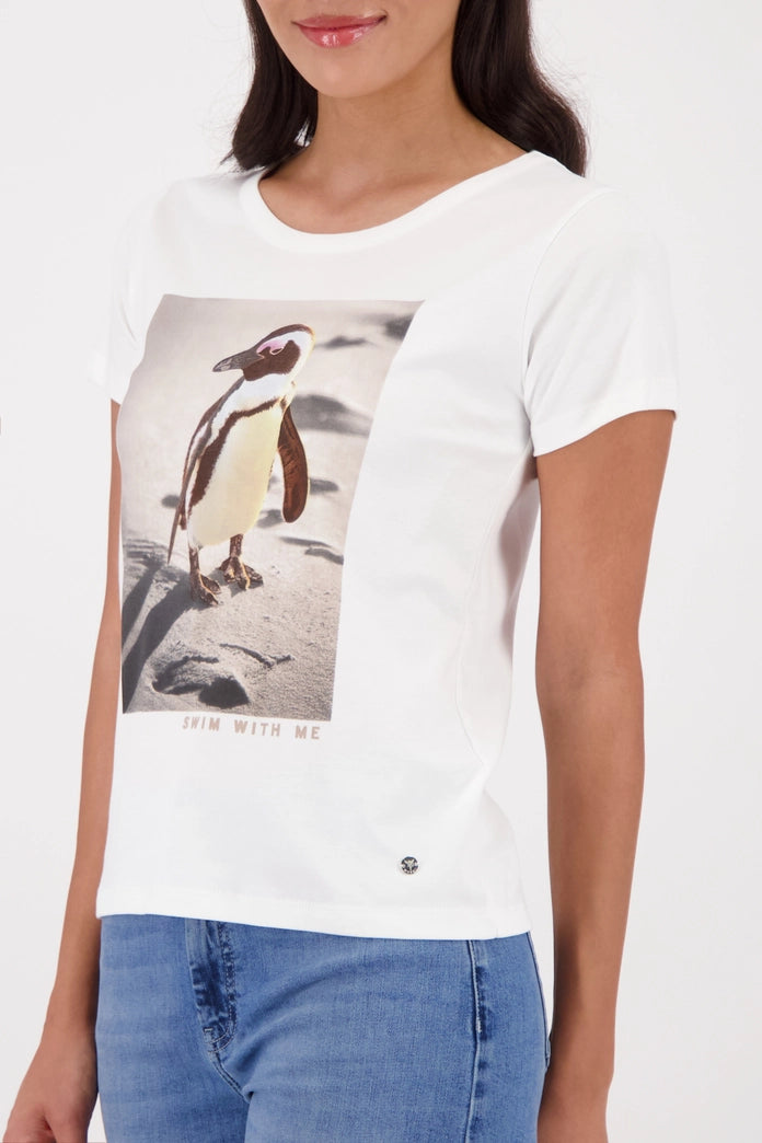 Monari Off-White Crew Neck T-Shirt with Penguin Print