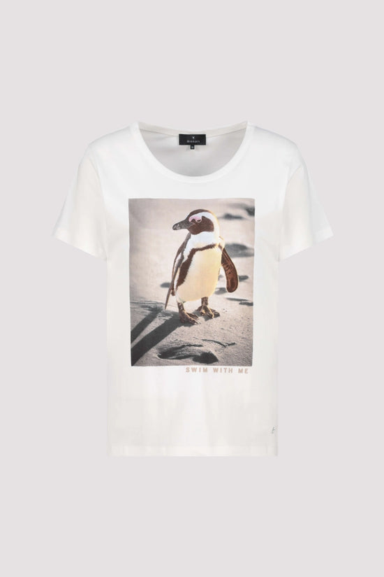 Monari Off-White Crew Neck T-Shirt with Penguin Print