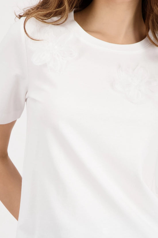 Monari Off-White Crew Neck Short Sleeve T-Shirt with 3-D Flowers