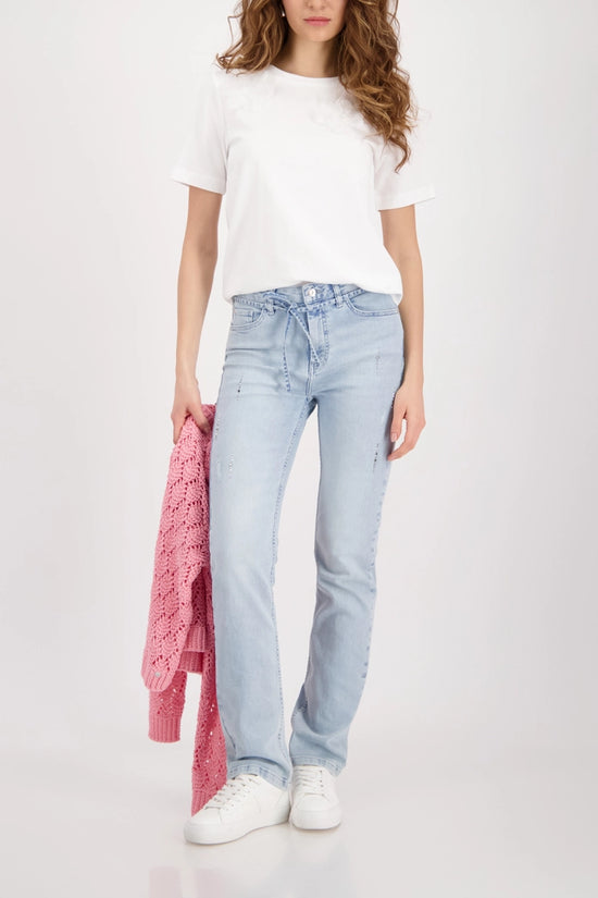 Monari Off-White Crew Neck Short Sleeve T-Shirt with 3-D Flowers