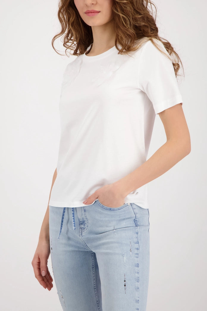 Monari Off-White Crew Neck Short Sleeve T-Shirt with 3-D Flowers