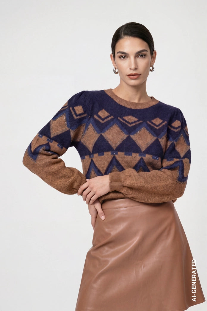 Monari Brown/Navy Knitted Sweater with Jacquard Pattern