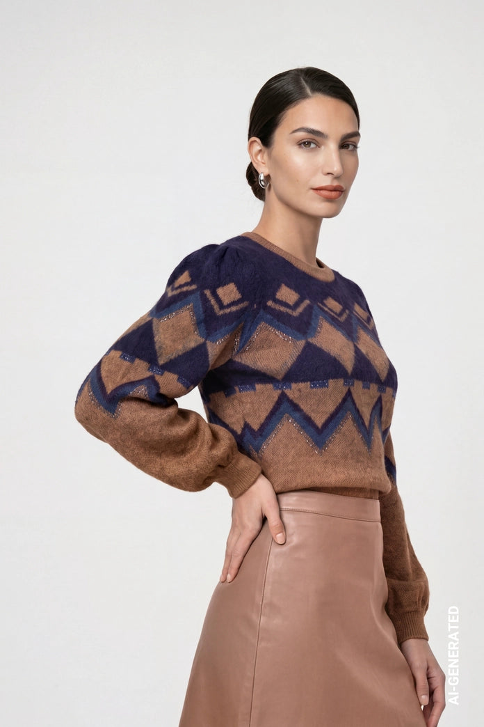 Monari Brown/Navy Knitted Sweater with Jacquard Pattern