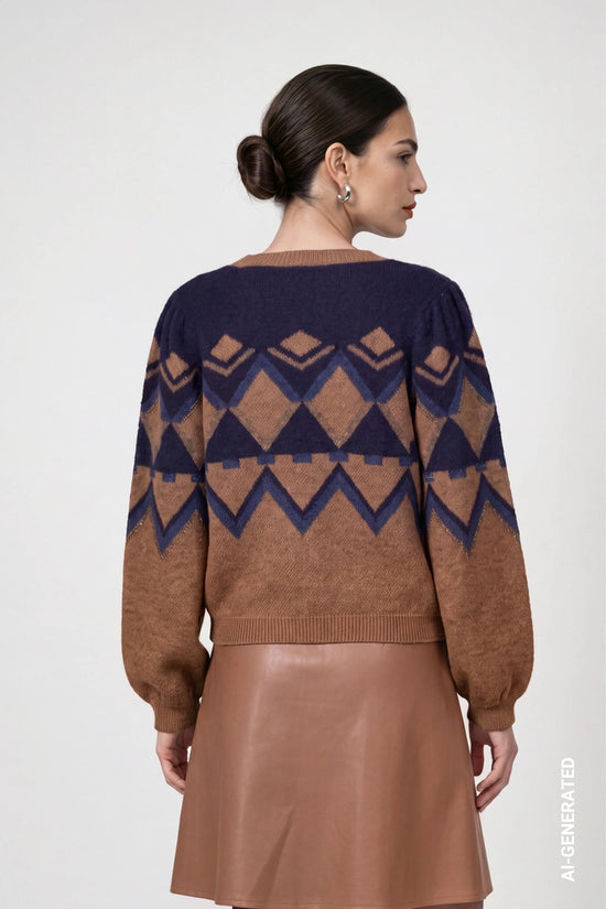 Monari Brown/Navy Knitted Sweater with Jacquard Pattern