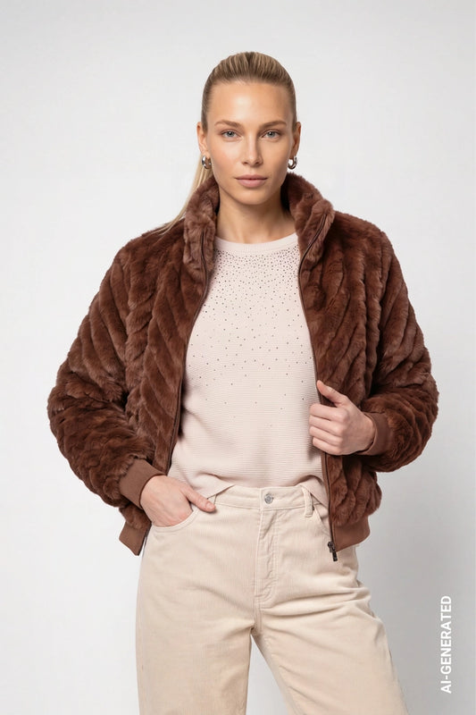Monari Dark Brown Faux Fur Jacket with ZigZag Pattern