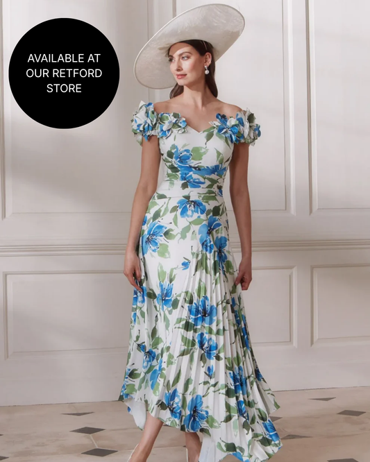 John Charles Amaryllis Off-Shoulder Crepe Dress with Pleated Skirt