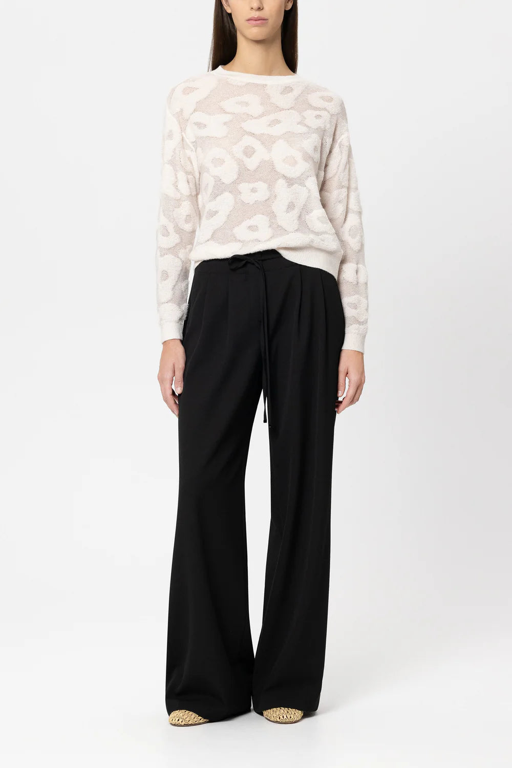 Luisa Cerano Cream Round-Neck Sweater with Leopard Pattern