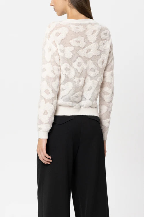 Luisa Cerano Cream Round-Neck Sweater with Leopard Pattern