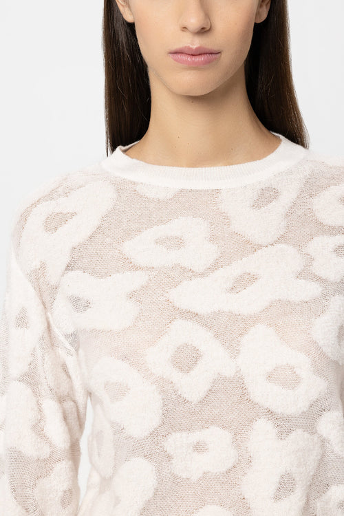 Luisa Cerano Cream Round-Neck Sweater with Leopard Pattern