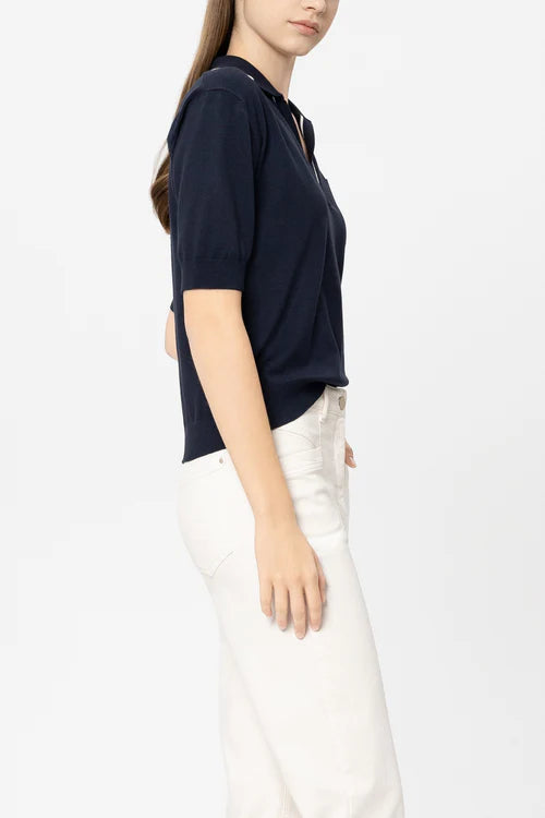 Luisa Cerano Navy Fine Knit Polo Sweater