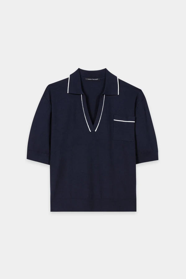 Luisa Cerano Navy Fine Knit Polo Sweater