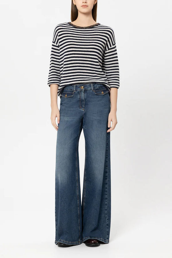 Luisa Cerano Navy Blue Striped Sweater with Sequin Detail