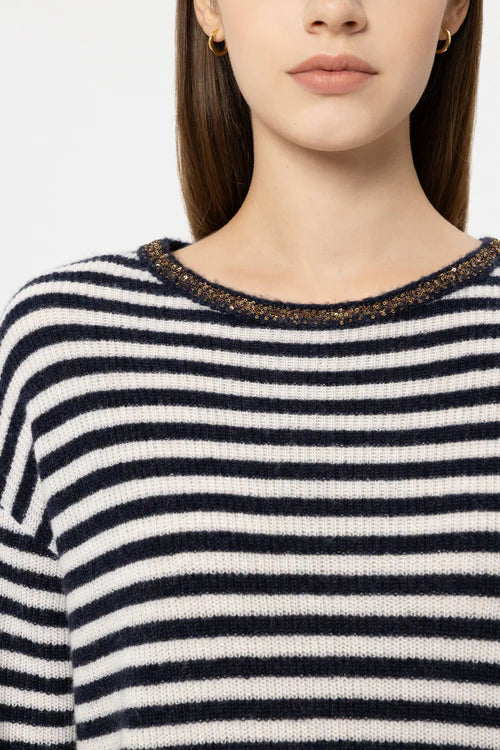 Luisa Cerano Navy Blue Striped Sweater with Sequin Detail