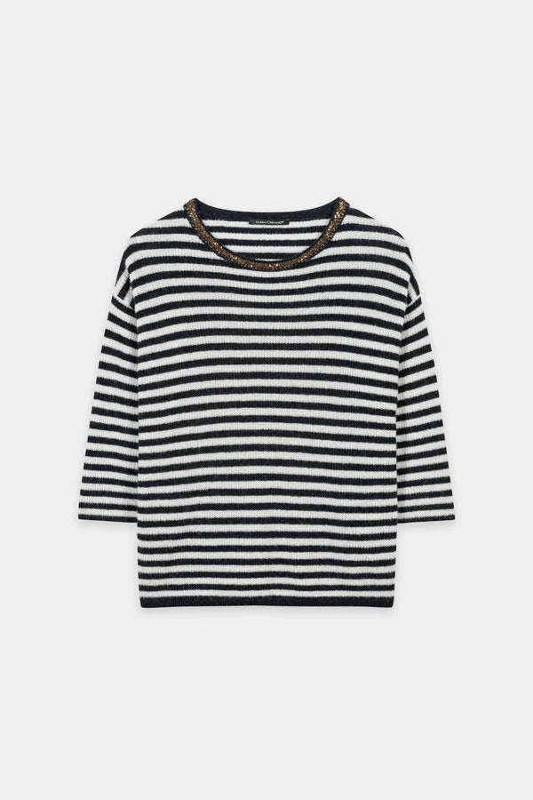 Luisa Cerano Navy Blue Striped Sweater with Sequin Detail