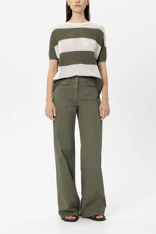 Luisa Cerano Olive Green Stripe Linen Blend Sweater