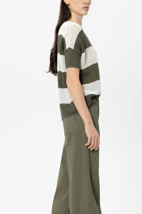 Luisa Cerano Olive Green Stripe Linen Blend Sweater