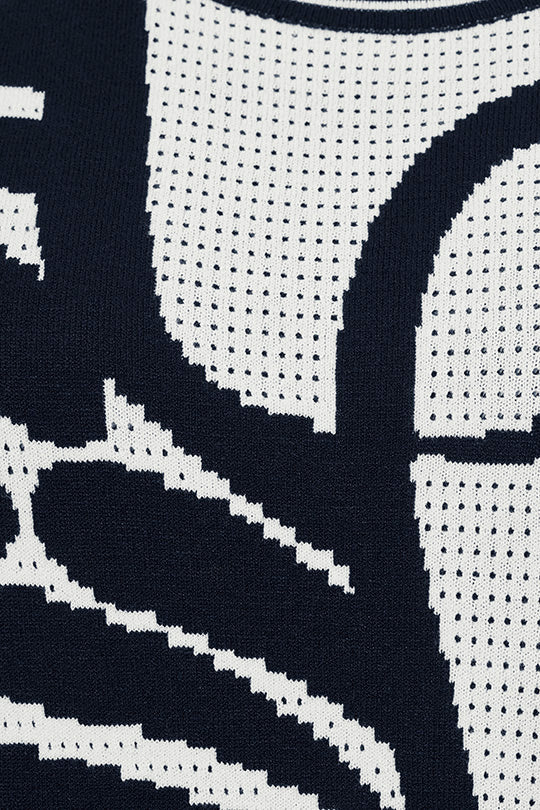 Faber Navy & Cream Jacquard Knit 3/4 Sleeve Round Neck Sweater