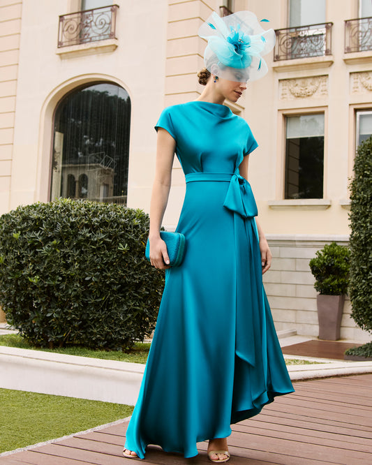 Couture Club Tiffany Blue Satin Belted Asymmetrical Hem Dress