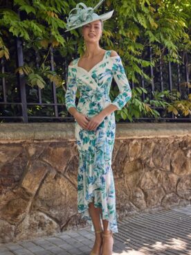 Couture Club Turquoise Print Straight Chiffon Off-Shoulder Dress 