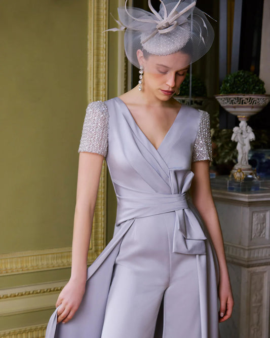 Couture Club Silver Grey V-Neckline Satin Jumpsuit with Overskirt