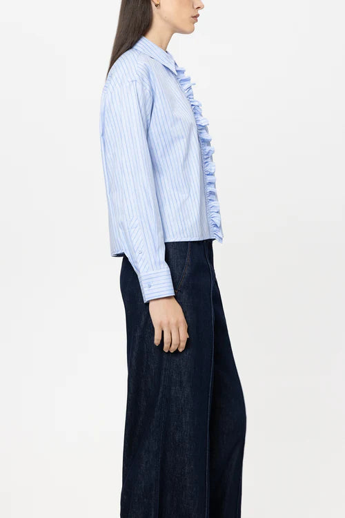 Luisa Cerano Blue Striped Shirt Blouse with Frill