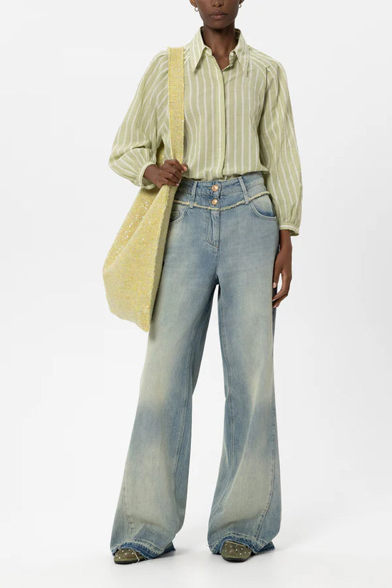 Luisa Cerano Moss Green Voile Stripe Shirt Blouse