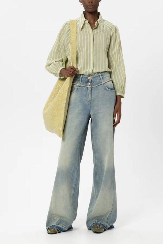 Luisa Cerano Moss Green Voile Stripe Shirt Blouse