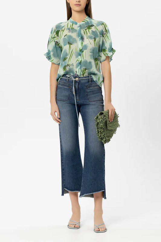 Luisa Cerano Floral Print Short Sleeve Ramie Blouse