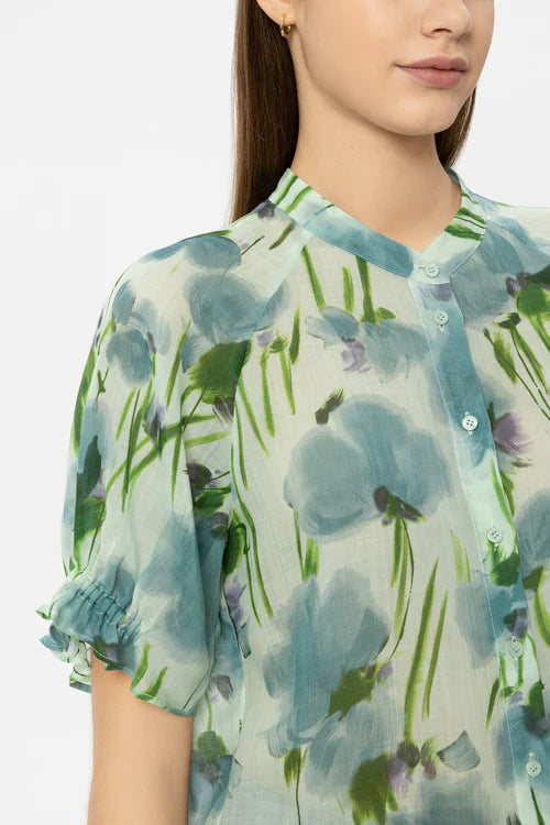 Luisa Cerano Floral Print Short Sleeve Ramie Blouse