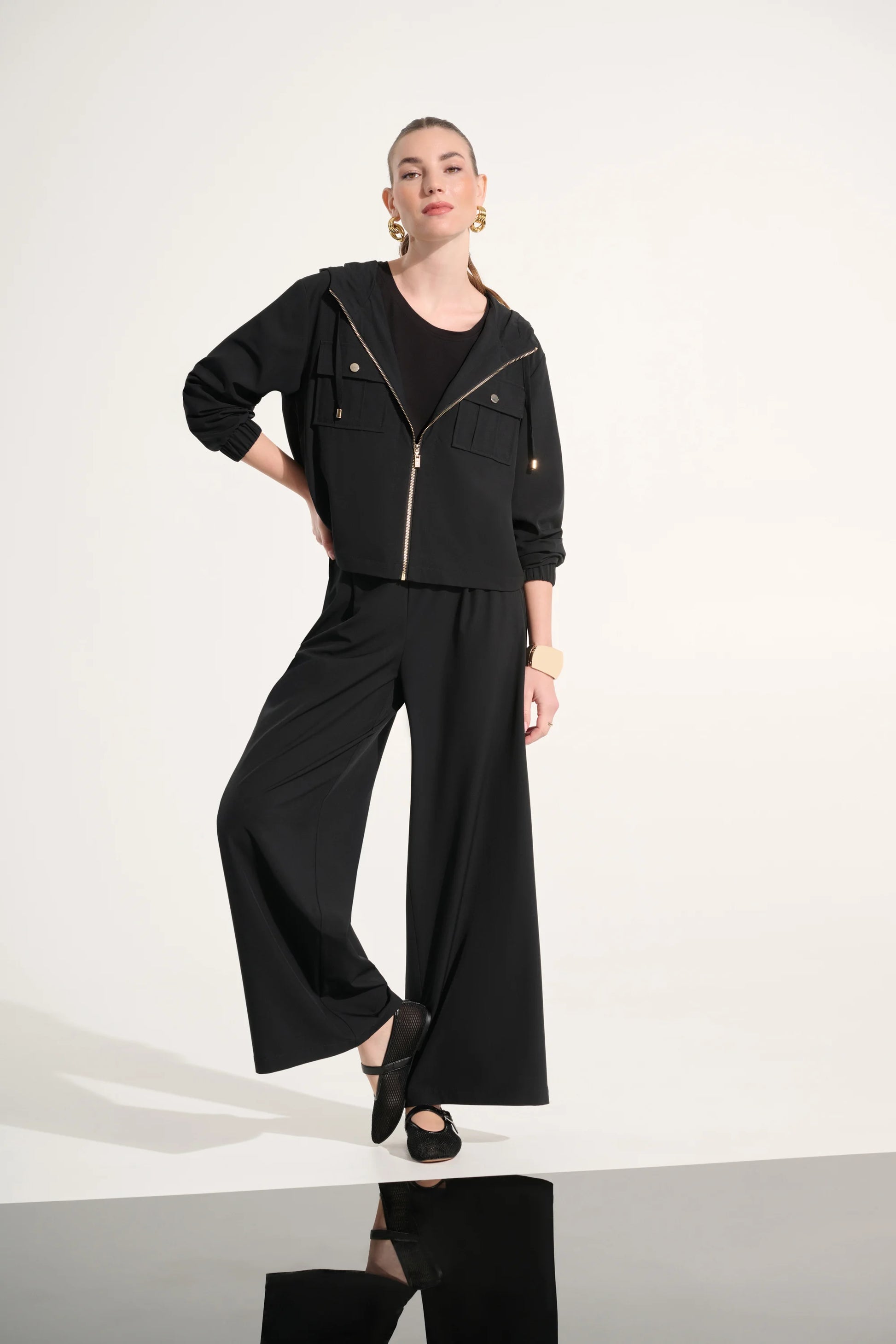 Joseph Ribkoff Black Stretch Woven Hooded Boxy Utility Jacket