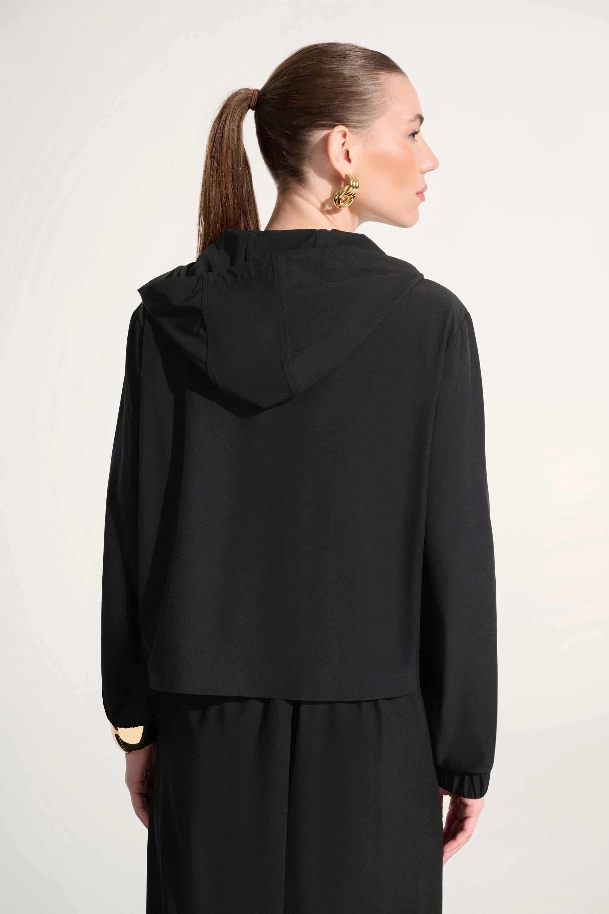 Joseph Ribkoff Black Stretch Woven Hooded Boxy Utility Jacket