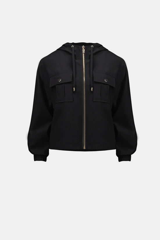 Joseph Ribkoff Black Stretch Woven Hooded Boxy Utility Jacket