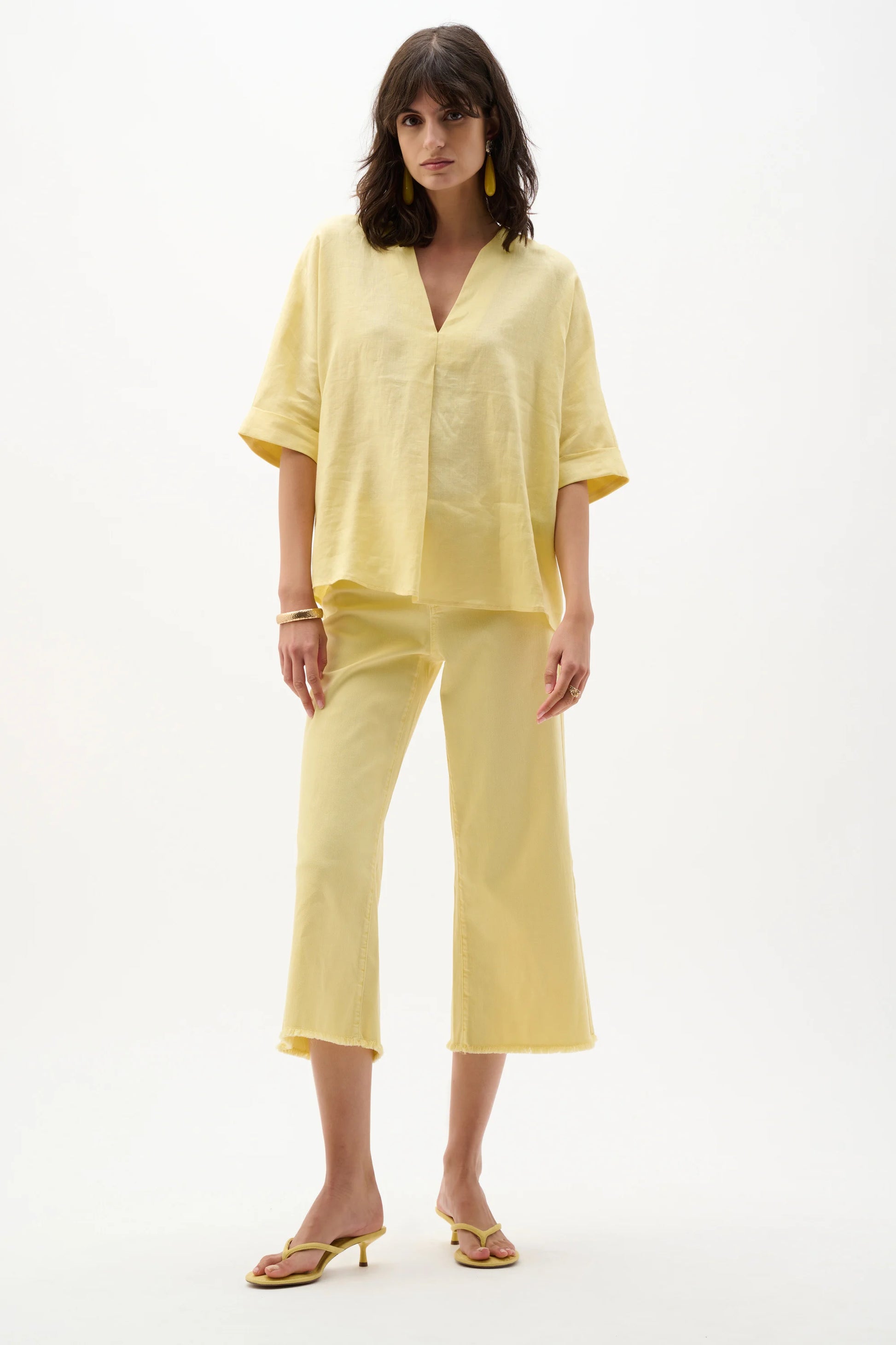 Joseph Ribkoff Yellow Featherweave Denim Wide Leg Cropped Jeans