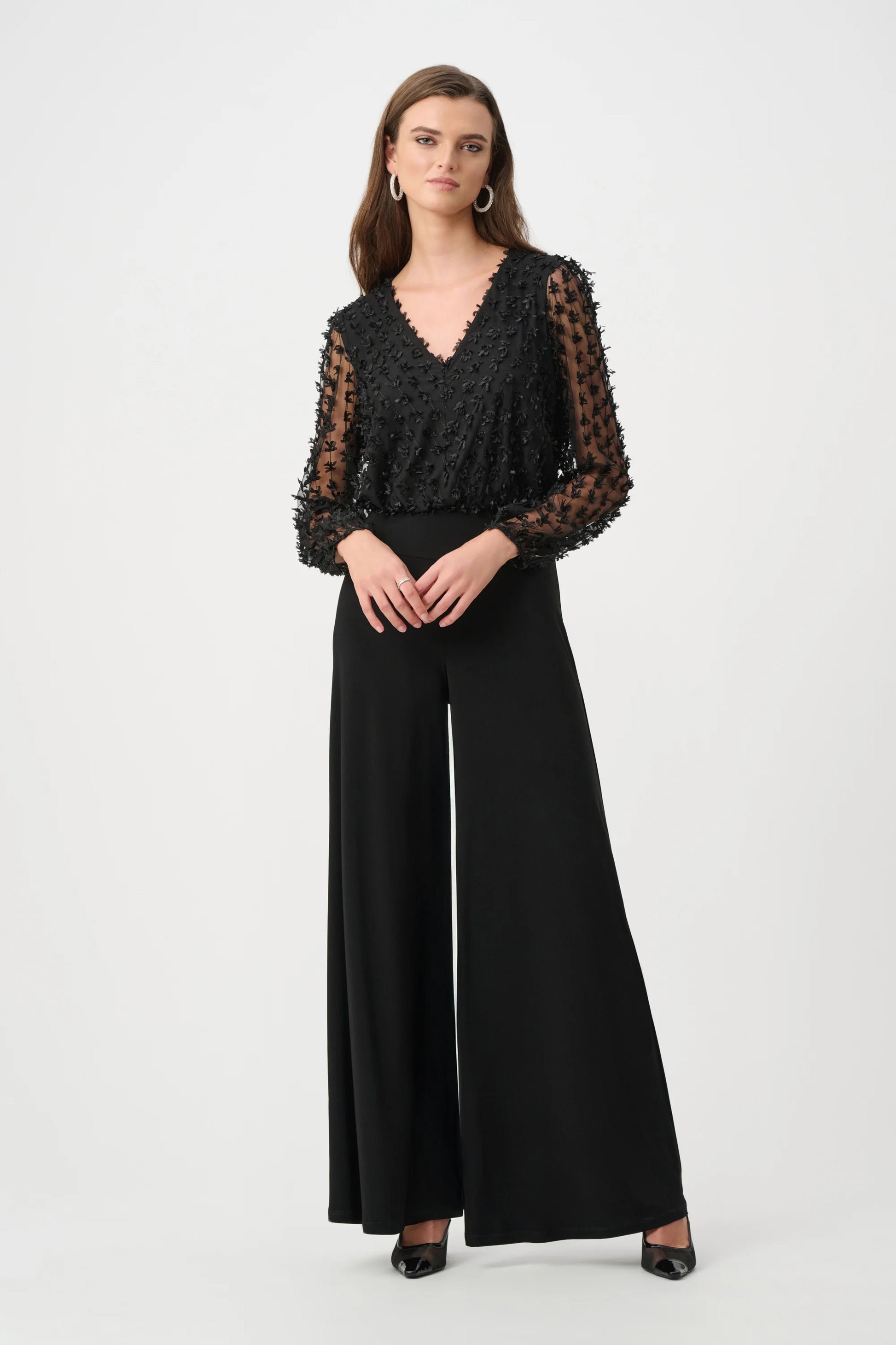 Joseph Ribkoff Black Silky Knit and Sheer Wide Leg Jumpsuit