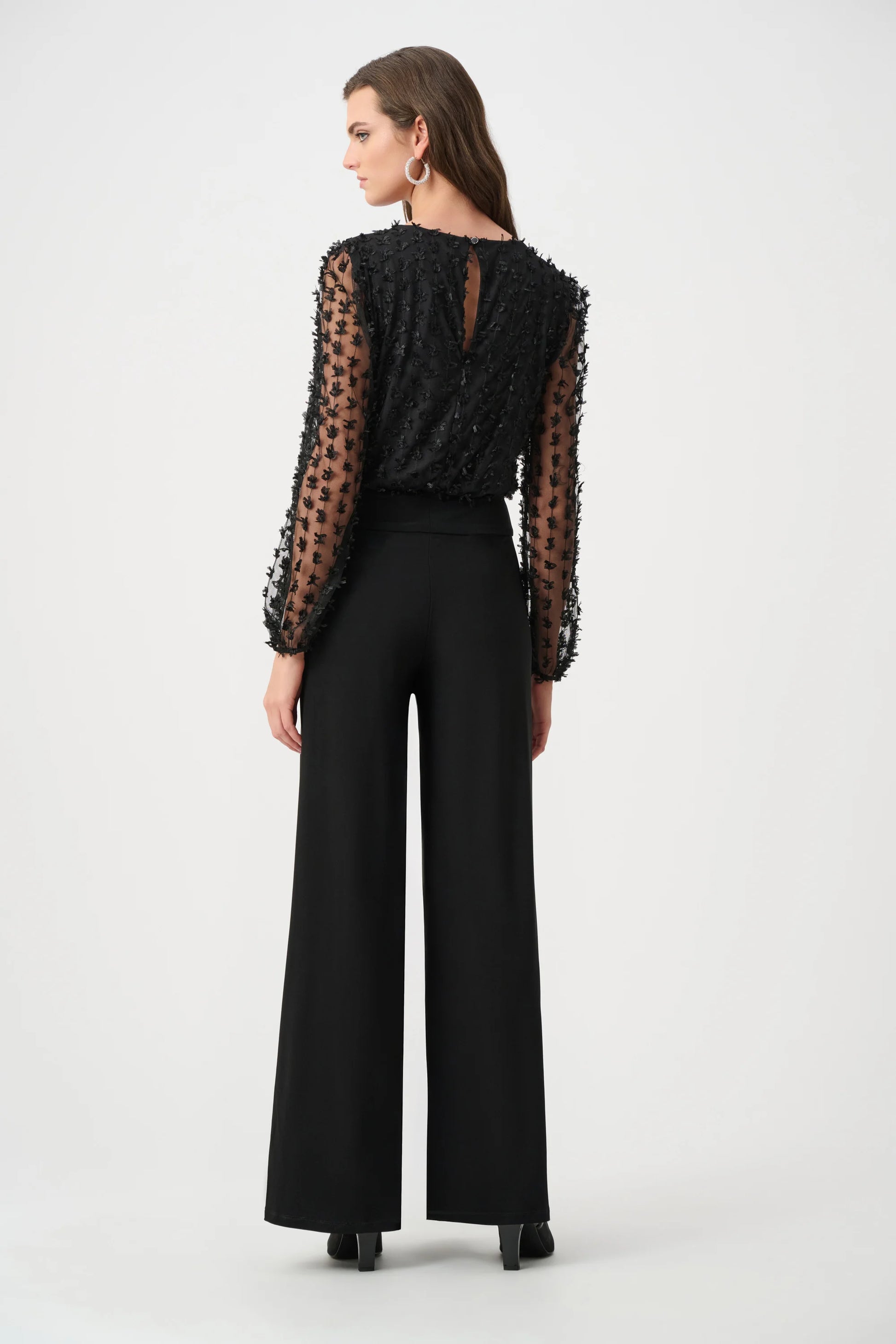 Joseph Ribkoff Black Silky Knit and Sheer Wide Leg Jumpsuit