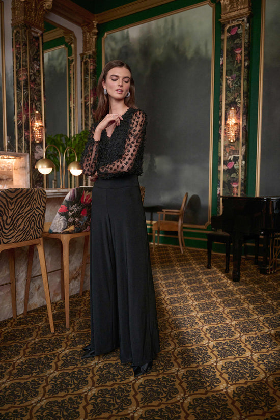 Joseph Ribkoff Black Silky Knit and Sheer Wide Leg Jumpsuit