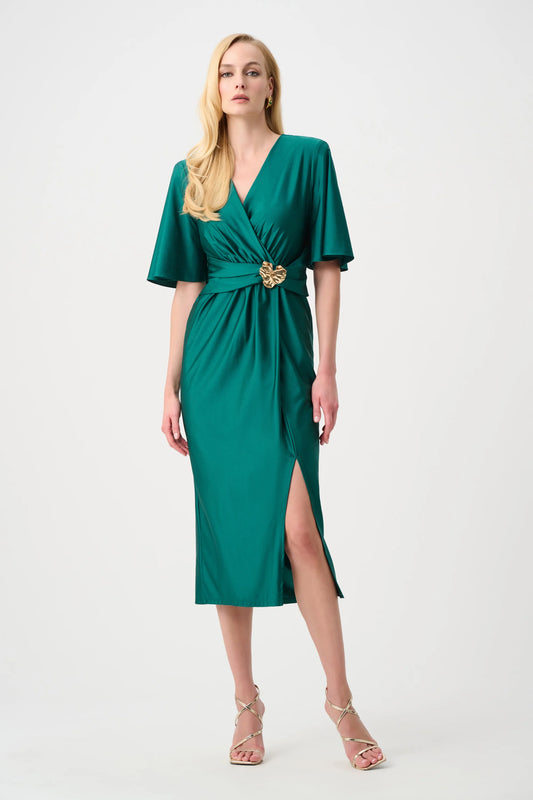 Joseph Ribkoff Green Satin Knit Wrap Dress With Ruched Waistband